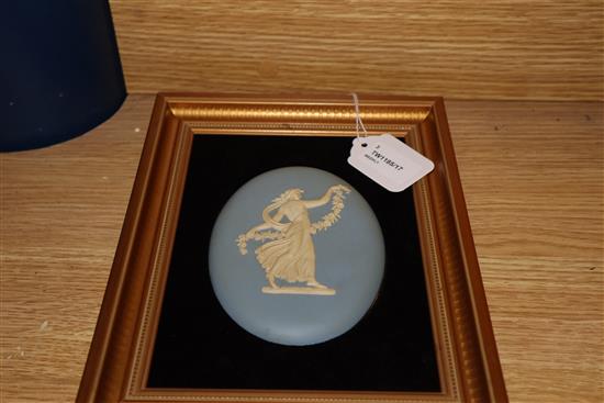 Three Wedgwood blue and white Jasperware framed plaques,